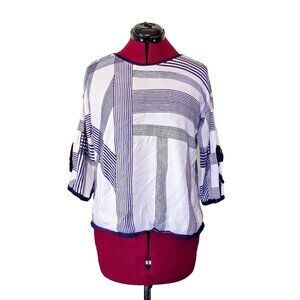 Chico's Knit Top Blue White Womens Size 1 Medium 8 Striped Cutout Tie Sleeves